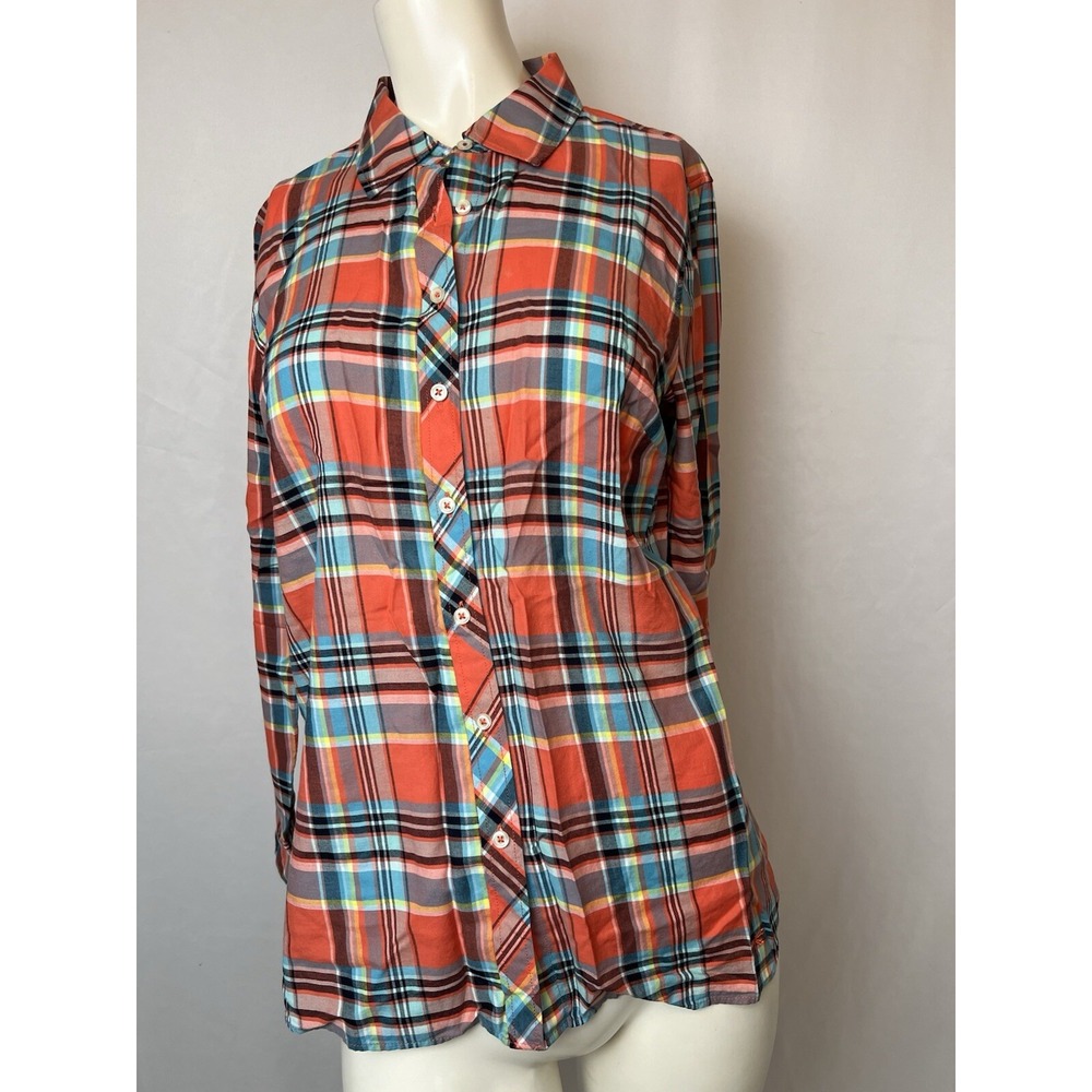 Talbots Soft Lightweight Orange Blue Cotton Plaid Button Front Blouse Small‎